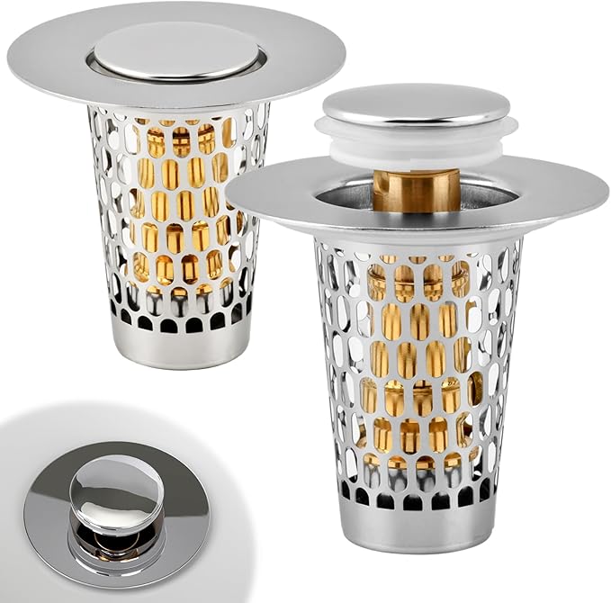 2Pack Bathroom Sink Stopper, Universal Drain Filter for Stainless Steel Floor Drain Filter, Universal Bathroom Sink Drains Pop-up Stopper with Filter Basket Hair Strainer(Color:Silver)