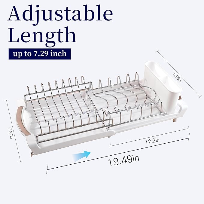 Dish Drying Rack Compact Expandable - A Space-Saving, Stainless Steel, Rust-Resistant Dish Drainer for Kitchen and Apartment Countertops/Sink Cabinets, Extendable from 11.42 to 19.9 inches (White)