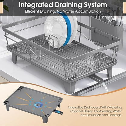 Urackify Dish Drying Rack for Kitchen Counter, Sink Dish Rack with Drainboard, Large Dish Drainer with Cups Holder, Home Countertop Plate Dryer Storage Rack with Cutlery Holder, Gray