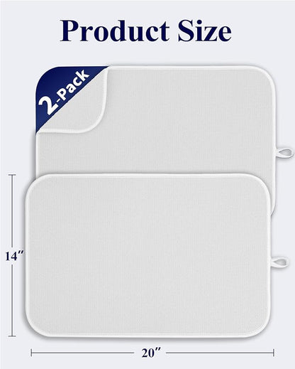 Kitsure Dish Drying Mat - 2-Pack Washable Microfiber Drying Mat for Kitchen Counter, 3-Layer Ultra Absorbent Pad with a Hanging Hook, 20" x 14", White