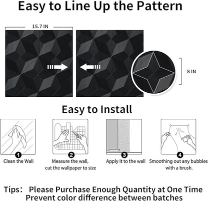 3D Peel and Stick Wallpaper Black Contact Paper 15.7'' X 395'' Wall Paper Renter Friendly Wallpaper for Cabinets and Drawers Removable Vinyl Wrap Modern Geometric Wallpaper Self Adhesive