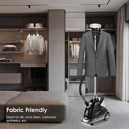 Steamer for Clothes, Jenaely 1500W Standing Garment Steamers, 35s Fast Heat-up, 80 Mins of Continuous Powerful Steam with 2.8L Water Tank, Pants Clip & Children's Clothing Hanger