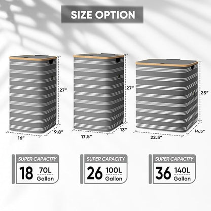 BALEINE Laundry Hamper with Lid, Tall Laundry Baskets with Bamboo Pull Handles, Large Laundry Bin with Internal Support (26 Gal/100L, Grey Pinstripe)