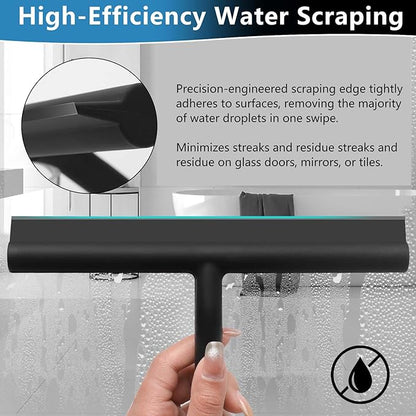 Shower Squeegee for Glass Doors, Full Silicone Jacketed Squeegee with Ergonomic Handle & No-Drill Hook, Cleaning Tool for Windows, Mirrors, Tiles, Bathroom & Car - Black