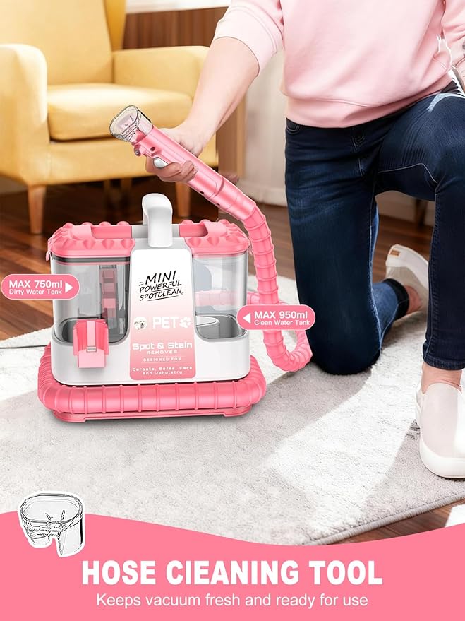 Portable Carpet & Upholestery Cleaner Machine for Pets, Spot, Stain, Couch Cleaner Machine with Powerful Suction and and Cleaning Solution, Car/Auto Detailer, Lightweight Compact Design, Pink