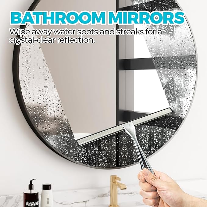 10-Inch All-Purpose Shower Squeegee for Shower Doors, Tile Shower Walls, Bathroom, Window, Glass and Car Windshield, Mirrors and Kitchen-Stainless Steel, Silver