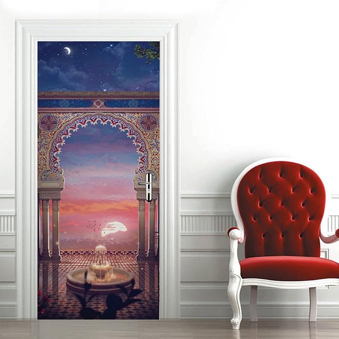A.Monamour 3D Door Stickers for Interior Doors Balcony View at Sunset with Arabian Interior Design Vinyl Waterproof Self Adhesive Door Mural Decals for Bedroom Office Bathroom 90x200cm