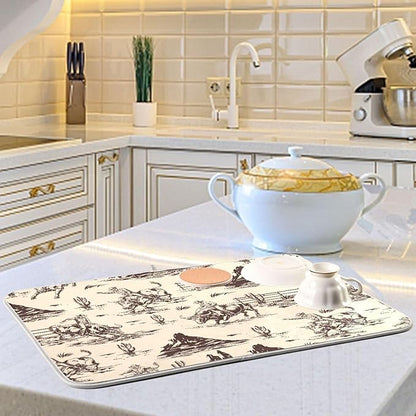 West Cactus Cowboy Dish Drying Mat for Kitchen Counter Absorbent Microfiber Drying Pad, Large 18x24 in, Reversible Drainer Mats