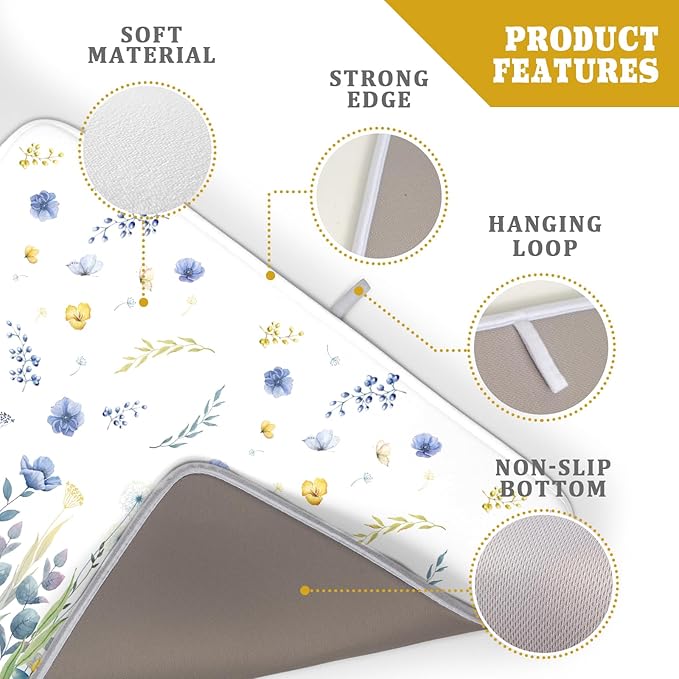 Floral Dish Drying Mat for Kitchen Counter 24x18 Inch Yellow Purple Flower Drying Mat with Absorbent Reversible Microfiber Season Spring Dish Drainer Mats Rack Pad for Coffee Countertop Protector