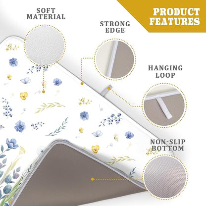 Floral Dish Drying Mat for Kitchen Counter 24x18 Inch Yellow Purple Flower Drying Mat with Absorbent Reversible Microfiber Season Spring Dish Drainer Mats Rack Pad for Coffee Countertop Protector