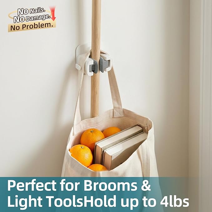 TAILI Mop and Broom Holder Wall Mount Grippers, 2 Hangers and 6 Adhesive Strips, Damage Free Hanging Wall Mount, Household Cleaning Organizer for Organization and Storage, Holds up to 4 lbs, Grey