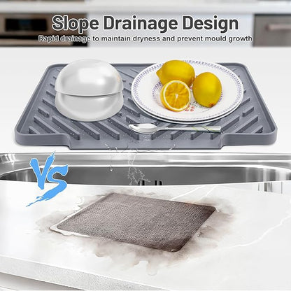 Silicone Dish Drying Mat for Kitchen Counter Essentials with Wider Drain Spout, Non-Slip Heat Resistant Dish Drying Pad with Hanging Hole for Sink RV Camper Travel Multipurpose Drainer Mat Grey