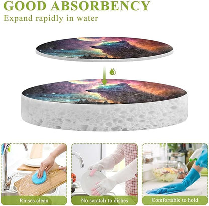 Galaxy Wolf Kitchen Scrub Sponges, Pop-up Kitchen Cleaning Sponges Reusable Dish Washing Sponges for Bathroom Household Cleaning 3 Pack - Non Scratch Scrubber
