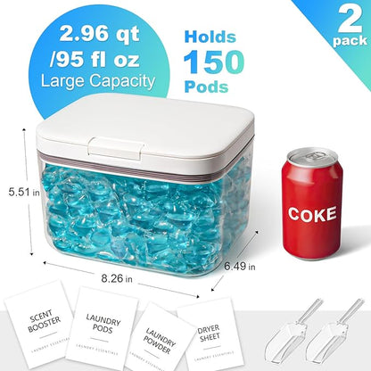 Dryer Sheet Holder and Laundry Pods Container, 2 Pack 2.96 qt. / 95 fl oz Powder Dispenser for Room Organization Decor, Plastic Pod Beads Detergent Storage