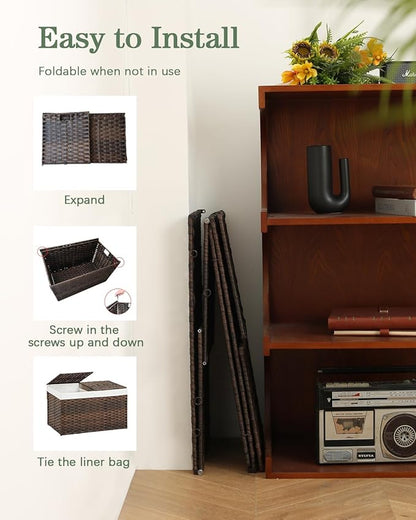 Storage Basket with Lid Woven Wicker Baskets with 2 Separate Lid, 9.2 Gallon (35 L) Wicker Storage Bins with Handles, Foldable and 2 Removable Liner Bags for Bedroom, Laundry Room Brown