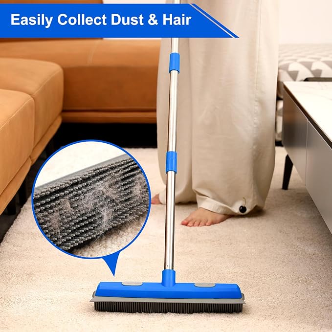 57" Rubber Broom for Pet Hair Removal, 2-in-1 Floor Brush & Squeegee, Extra Long Handle Fur Broom for Carpet, Hardwood, Tile & Windows | Pet Hair Remover with Lint Brush for Home & Auto Cleaning