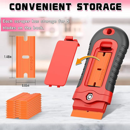 DIYSELF 2 Pcs Plastic Razor Blade Scraper with 10 Pcs Blades, Plastic Scraper Tool for Adhesive Remover, Scrapers for Cleaning Stickers, Decals, Glass, Windows, Car, No Scratches (Red)