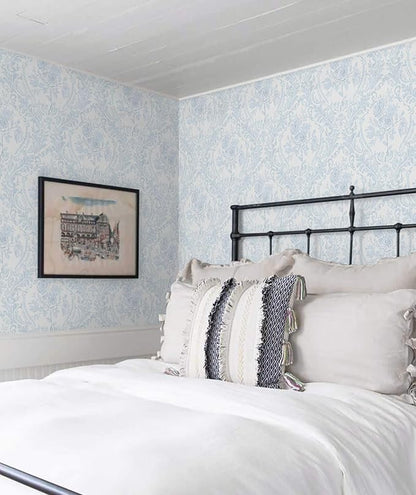 Ismoon Floral Peel and Stick Wallpaper Blue Contact Paper Boho Watercolor Damask Wallpaper Vintage Textured Removable Self Adhesive Vinyl Wall Paper Renter Friendly, 17.3 in X 32.7 ft