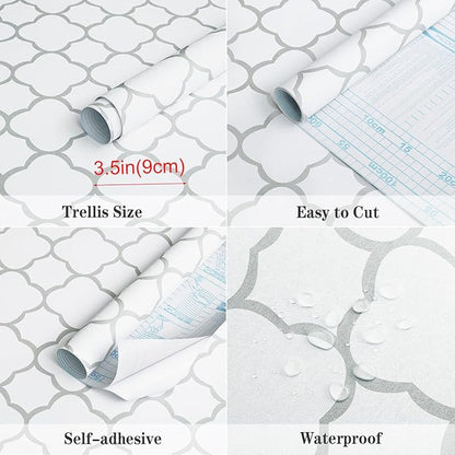 GloryTik Grey and White Peel and Stick Wallpaper Modern Trellis Contact Paper Removable Self Adhesive Geometric Waterproof Wall Paper for Bathroom Cabinets Living Room Wall Decor Vinyl Roll 17.7"ｘ394"