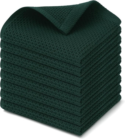 Kitinjoy 100% Cotton Kitchen Dish Cloths (12 X 12 Inches, Blackish Green), 8 Pack Waffle Weave Ultra Soft Absorbent Dish Towels for Drying Dishes Quick Drying Kitchen Towels Dish Rags