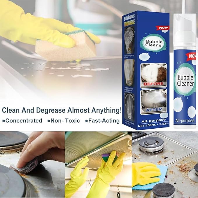 All-Purpose Rinse-Free Cleaning Spray, Bubble Cleaner Foam, All Purpose Bubble Cleaner Kitchen Deep Cleaning Spray, Powerful Stain,Stubborn Grease & Grime Remover Bubble Spray (3Pcs-100ML)