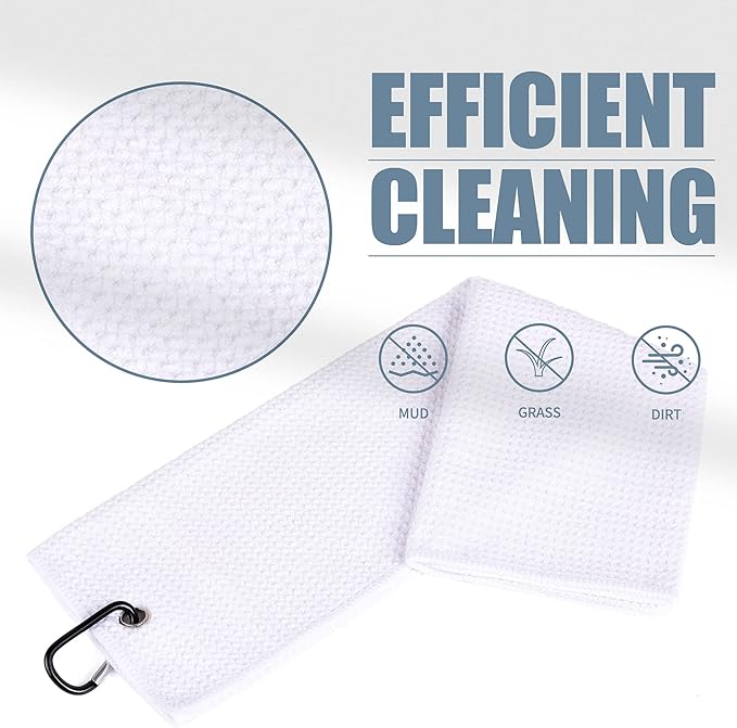 Mile High Life Microfiber Golf Towel, 21" X 24", Waffle Pattern w Clip, Super Absorbent Tri-fold Large Towels, Golf Bag Accessories for Men & Women（White）