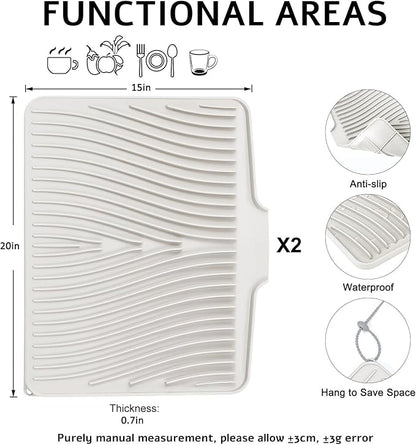 TIKNIK Silicone Dish Drying Mat, Stone Drying Mat for Kitchen Counter with Built-In Drain, Non-Slip Drain Pad with Built-in Drain, Heat Resistant Stone Drying Mat, Hangable, Cream-2pcs, 20" x 15"