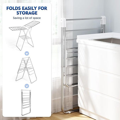APEXCHASER Clothes Drying Rack, Stainless Steel Drying Rack Clothing with Height-Adjustable, Foldable Gullwings Laundry Drying Rack, Indoor Outdoor Use, No Assembly, White
