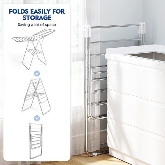 APEXCHASER Clothes Drying Rack, Stainless Steel Drying Rack Clothing with Height-Adjustable, Foldable Gullwings Laundry Drying Rack, Indoor Outdoor Use, No Assembly, White