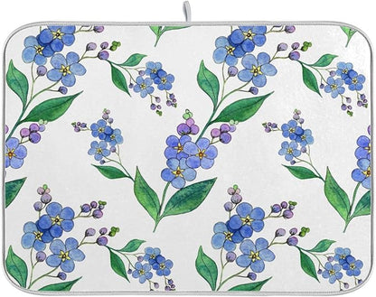 Blue Forget-me-not Flowers Dish Drying Mat for Kitchen Counter 16x18 inch Super Absorbent Drying Mat Large Dish Drying Mats for Kitchen Countertop Protector Dishes Pad