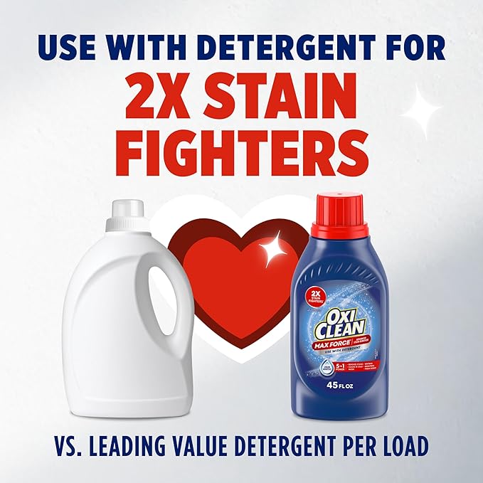 OxiClean Max Force Advanced Stain Remover Liquid, Color-Safe, Bleach-Free Kids and Baby Essential, Use with Detergent to Remove Messy Stains like Berries, Juice, Mud, Grass, 45 Fl Oz