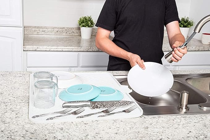 Luxet Silicone Dish Drying Mat with Built-in Drain Lip - Hygienic Drying Pad - Sturdy Compact Easy to Clean Tray Protects Surfaces Prevents Water Build Up - 23 X 17 (White)