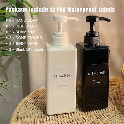 Black Soap Dispenser with Waterproof Labels, Thickened Plastic Hand Soap Dispenser for Bathroom, Kitchen Dish Washing Liquid Bottles, Shampoo and Conditioner Bottles with Funnel (16oz 2Pack Black)