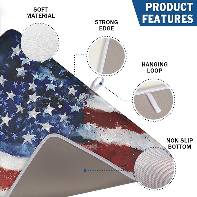 4th of July Dish Drying Mat 24x18 Inch, Patriotic Drying Mat with Absorbent Reversible Microfiber, Independence Day Dish Drainer Mats Memorial Day Rack Pad for Coffee Countertop Kitchen Protector