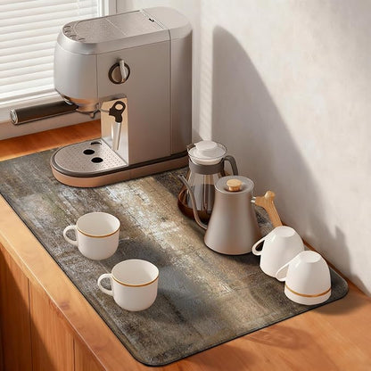 MCALK Dark Brown Coffee Mat for Kitchen Counter, Tan Dish Drying Pad with Anti-Slip Rubber Base, Absorbent Kitchen Sink Mat with Abstract Art Decor, Dark Brown 12"x20"