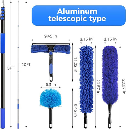 wlich 26ft High Reach Duster Kit, Aluminum 5-20ft Fan & Window Cleaner Set, Versatile Dusting Set with 5 Replaceable Heads for Cleaning Fans, Windows, and Hard-to-Reach Areas Outdoors Without Ladder