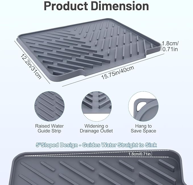 Silicone Dish Drying Mat for Kitchen Counter Essentials with Wider Drain Spout, Non-Slip Heat Resistant Dish Drying Pad with Hanging Hole for Sink RV Camper Travel Multipurpose Drainer Mat Grey