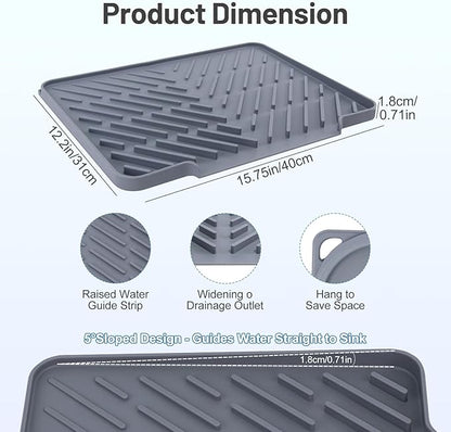 Silicone Dish Drying Mat for Kitchen Counter Essentials with Wider Drain Spout, Non-Slip Heat Resistant Dish Drying Pad with Hanging Hole for Sink RV Camper Travel Multipurpose Drainer Mat Grey