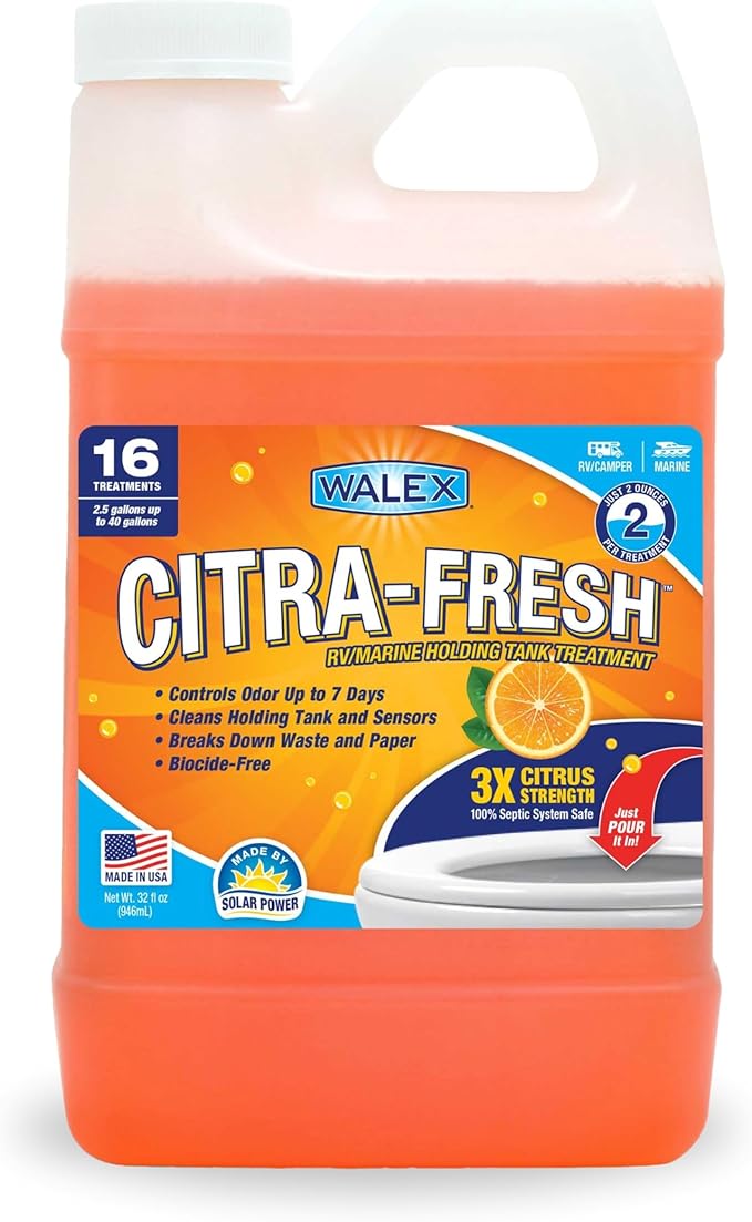 Walex Citra-Fresh Liquid Holding Tank Treatment for RV, Camper & Marine - Black Water Tank Deodorizer for Rapid Breakdown of Waste & Toilet Paper, Biocide-Free, Septic Tank Safe, 32oz