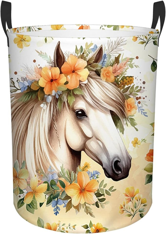 Horse Laundry Basket, 43L Round Oxford Cloth Laundry Hamper, Waterproof Collapsible Storage Organizer Bin with Handles for Toys, Nursery Home Storage, Gift for Chritsmas Thanksgiving 13.8x17.7in