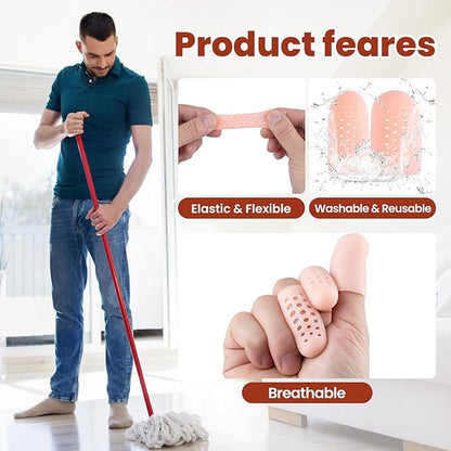 PAGOW 10pcs Gel Finger Cots/Covers, Silicone Finger Protector Support, Finger Caps Finger Sleeves Thumb Protector for Finger Cracking Trigger Finger Arthritis Pain Relief (Beige, 8 Small+2 Medium)
