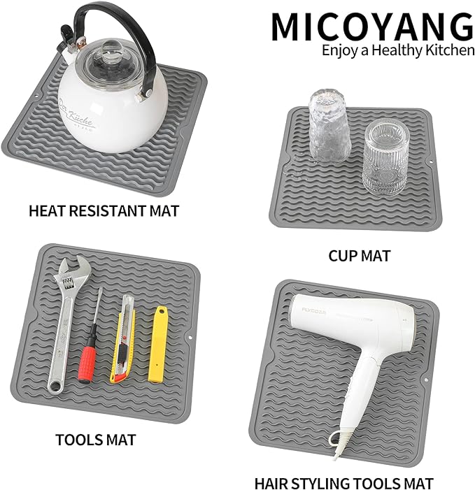 MicoYang Silicone Dish Drying Mat for Multiple Usage,Easy clean,Eco-friendly,Heat-resistant Silicone Mat for Kitchen Counter or Sink,Refrigerator or Drawer liner Grey M 12 inches x 12 inches