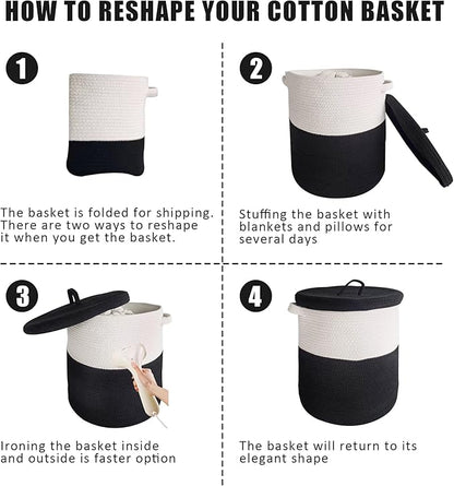 Large Storage Basket with Lid 60L, 16"Wx18"H Woven Laundry Hamper Basket with Handle, Room Decor Cotton Rope Wicker Basket Toy Organizer Bins for Clothes Blankets Pillows, Black/White Mix includes Lid