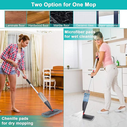 Spray Mop for Floor Cleaning with 3pcs Washable Pads - Wet Dry Microfiber Mop with 800 ml Refillable Bottle for Kitchen Wood Floor Hardwood Laminate Ceramic Tiles Dust Cleaning