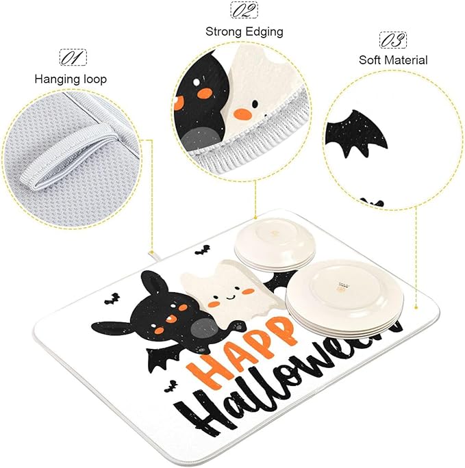 Happy Halloween Dish Drying Mat for Kitchen Counter Super Absorbent Drying Mat 16x18 inch Large Dish Drying Matts for Countertop Protector Dishes Pad