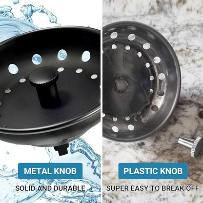KONE Black Sink Basket Strainer Drain Stopper, 2 Pack Stainless Steel Matte Black Kitchen Sink Strainer Fit for Universal 3-1/2 inch Kitchen Sink, Metal Center Knob with Anti-Clog Rubber Sink Stopper