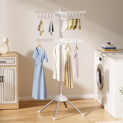 Abiglifty Rotatable and Foldable Clothes Drying Rack, Space Saving Free Standing Laundry Drying Rack for Indoor, Balcony, 2 Layer