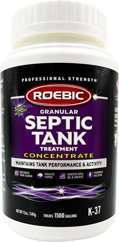 Roebic K-37 Granular Septic Tank Treatment, Bacterial Enzyme Formula for Clog Prevention, Odor Control, Safe for Bathroom, Toilet, Treats 1500 Gallons, 12 oz Concentrate Bottle