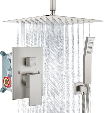 Aolemi Ceiling Mount Shower System Rain Shower Head with Handheld Spray High Pressure Shower Faucet Set Rough-in Valve Shower Trim Kit Included Bathroom Brushed Nickel 16 Inch Ceiling Shower Head