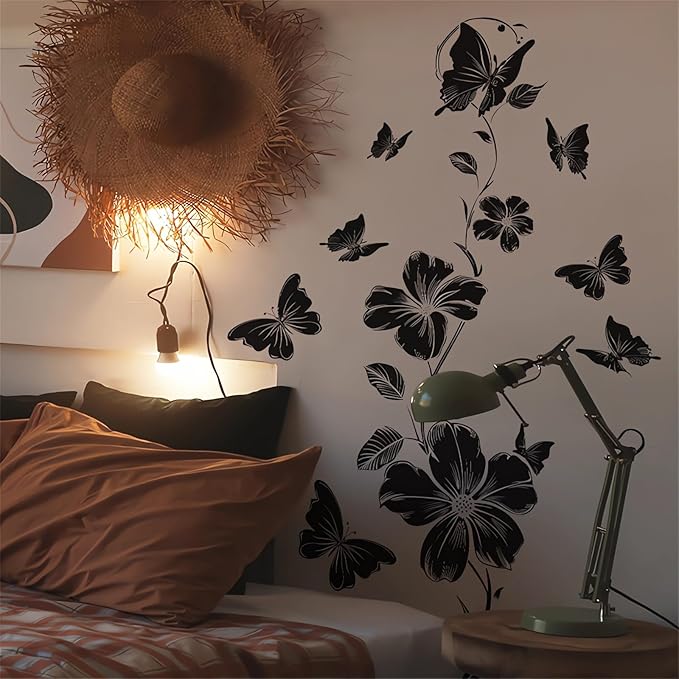 Black Flower Butterfly Vine Wall Stickers, sacinora Simplicity Floral Art Wall Decals Removable Vinyl Peel and Stick for Bedroom Kitchen Cabinet Nursery Home Decorations